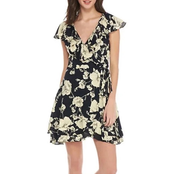 Free People French Quarter Printed Mini Wrap Dress Black Floral XS - Picture 1 of 10